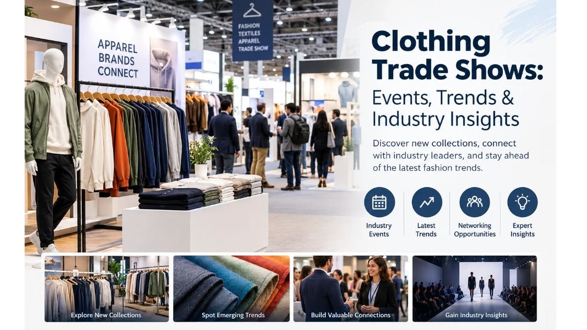 Clothing trade show featuring apparel collections, fashion trends, fabric displays, and industry networking.