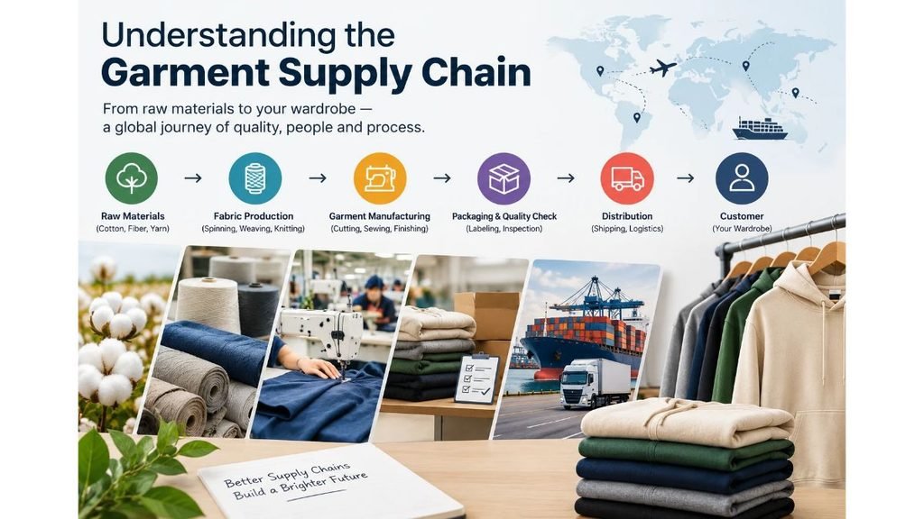 Understanding the garment supply chain from raw materials and fabric production to manufacturing, packaging, and delivery.