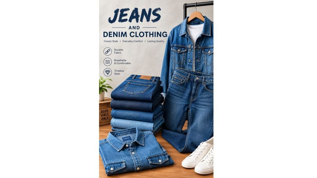 Premium vertical fashion advertisement featuring a woman wearing a blue hijab, denim jacket, and jeans, with folded blue denim clothing, hanging jackets, and elegant typography promoting Jeans and Denim Clothing.