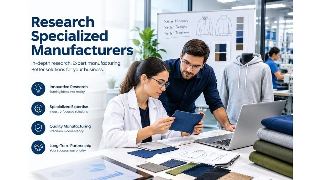 Research specialized manufacturers by evaluating fabric quality, innovative designs, and manufacturing expertise for custom apparel.
