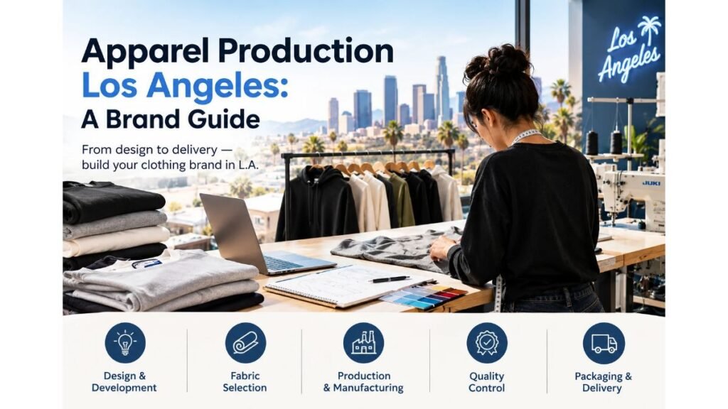 Apparel production in Los Angeles featuring clothing design, fabric selection, garment manufacturing, and quality control.