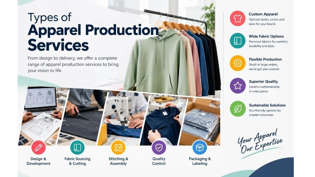 Types of apparel production services, including custom clothing design, fabric sourcing, cutting, stitching, quality control, packaging, and labeling.