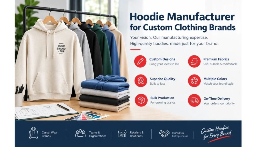 Hoodie manufacturer for custom clothing brands offering premium fabrics, custom designs, and bulk production.