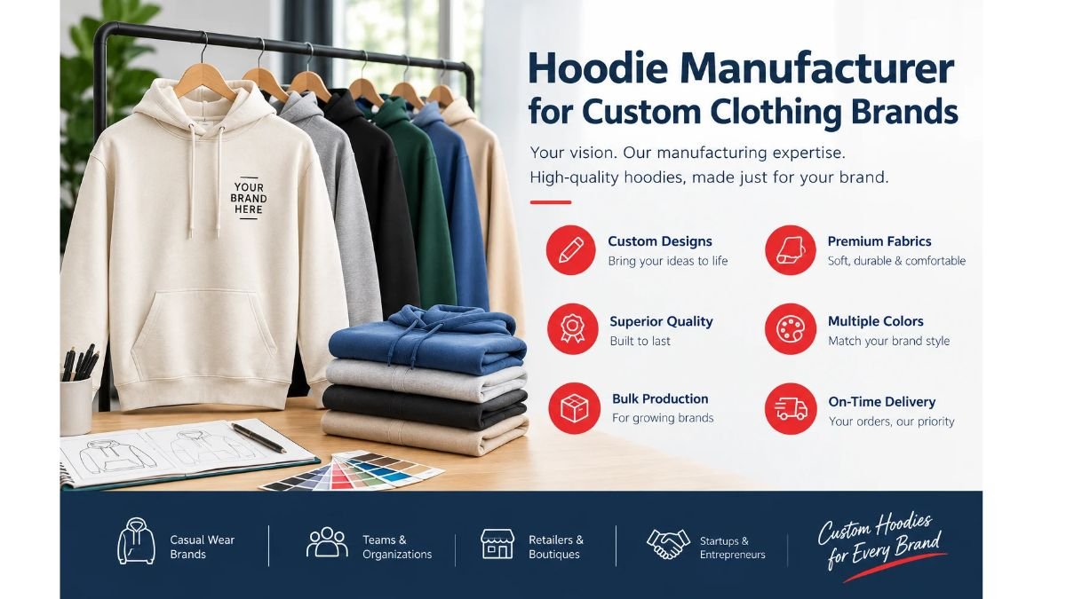 Hoodie manufacturer for custom clothing brands offering premium fabrics, custom designs, and bulk production.