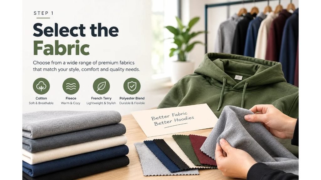 Select the best fabric for custom hoodies, including cotton, fleece, French terry, and polyester blends.