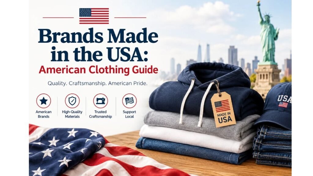Brands made in the USA featuring American clothing, folded apparel, a Made in USA tag, and patriotic design.
