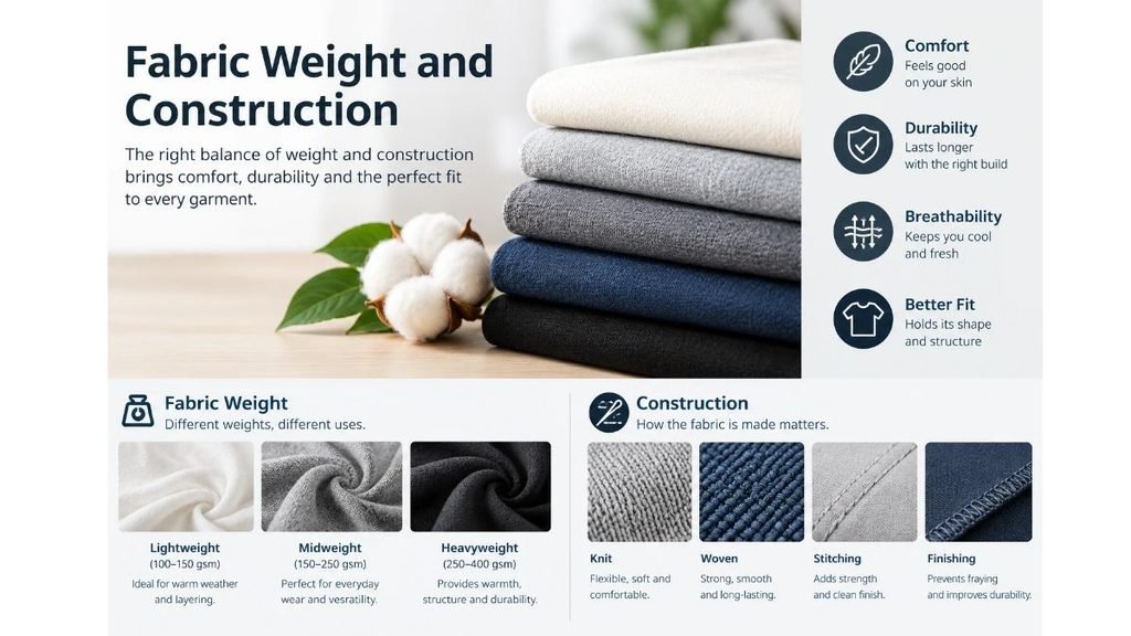 Fabric weight and construction guide showing lightweight, midweight, and heavyweight fabrics, stitching techniques, durability, comfort, and breathability.