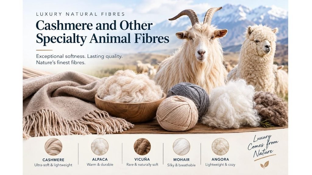 Cashmere and other specialty animal fibres, including alpaca, vicuña, mohair, and angora, showcasing luxurious natural wool and soft yarn