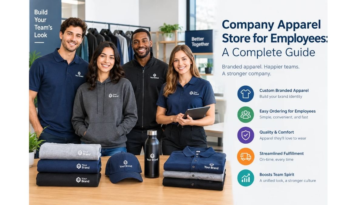 Company apparel store for employees featuring branded polo shirts, hoodies, jackets, caps, and corporate merchandise.