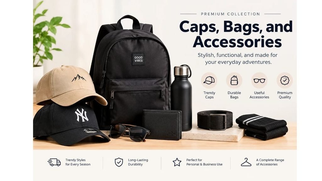 Caps, bags, and accessories including stylish hats, backpacks, sunglasses, wallets, and everyday essentials.