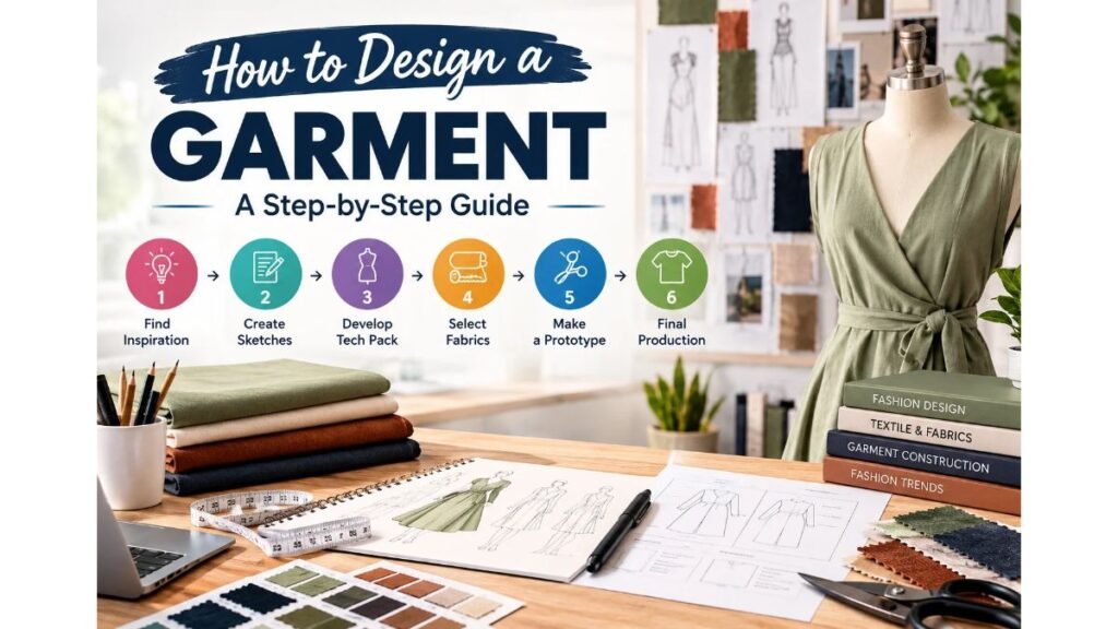 How to design a garment step by step, including fashion sketches, tech packs, fabric selection, prototyping, and final production.
