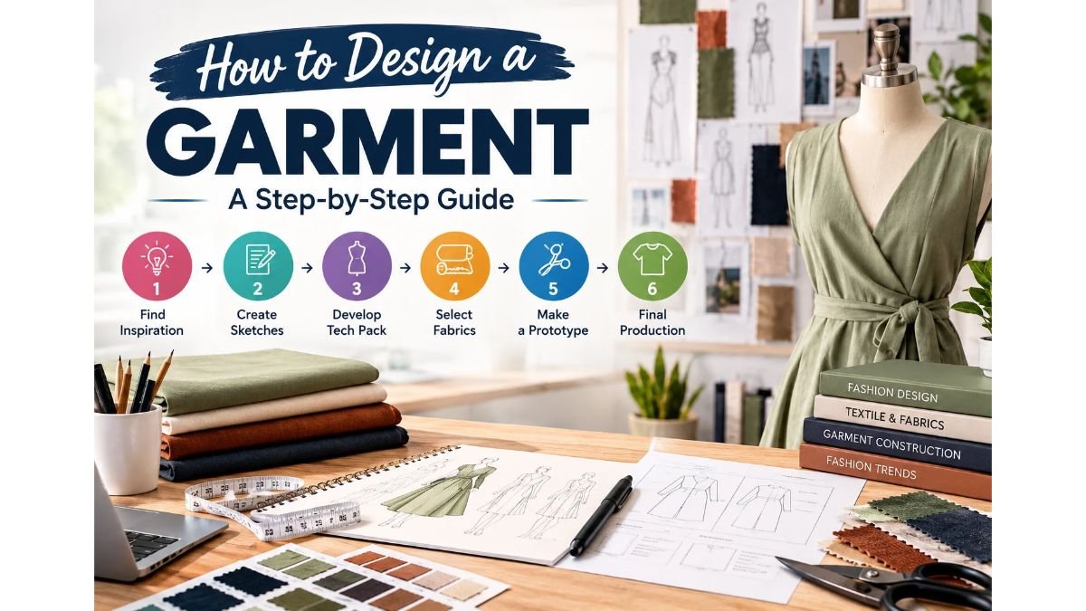 How to design a garment step by step, including fashion sketches, tech packs, fabric selection, prototyping, and final production.