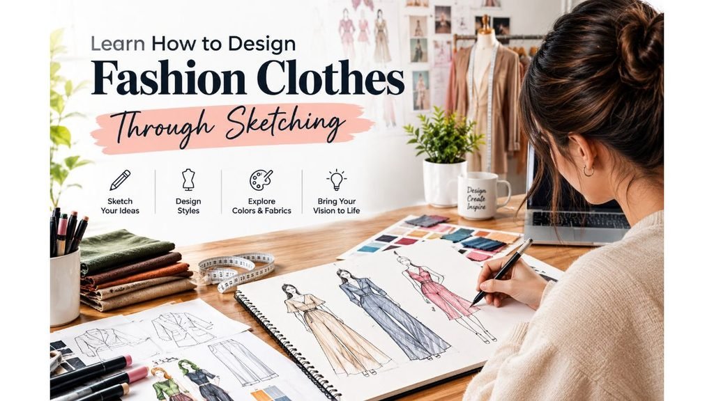 Learn how to design fashion clothes through sketching, featuring a fashion designer drawing clothing illustrations with colored pencils, fabric swatches, and design sketches in a creative studio.