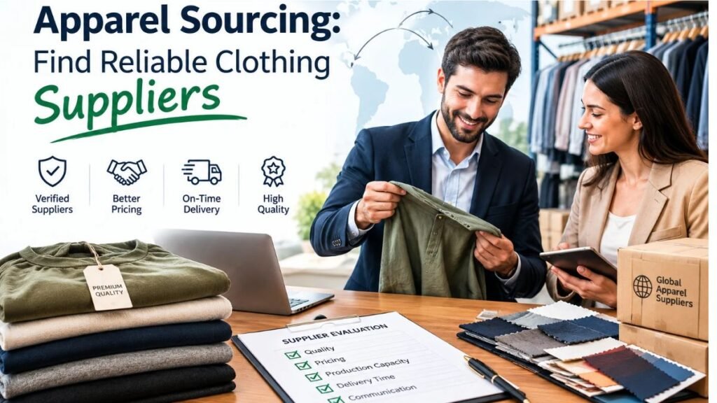 Apparel sourcing professionals evaluating clothing samples and comparing reliable clothing suppliers for quality, pricing, and timely delivery.