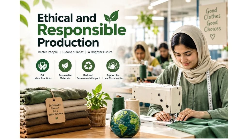 Ethical and responsible clothing production featuring a garment worker sewing fabric in a workshop, sustainable textiles, eco-friendly materials, fair labor practices, and environmental responsibility.