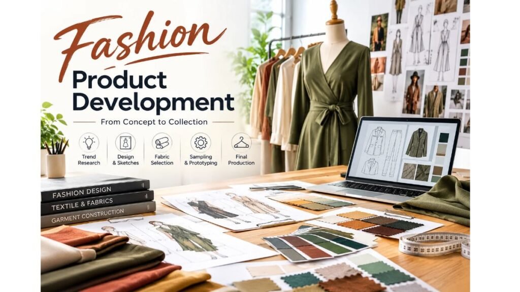 Fashion product development featuring garment sketches, fabric swatches, a mannequin, and clothing design samples in a fashion studio.