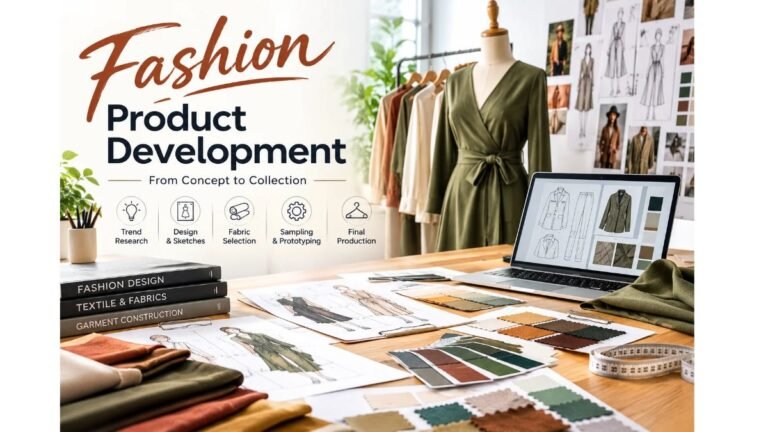 Fashion product development featuring garment sketches, fabric swatches, a mannequin, and clothing design samples in a fashion studio.