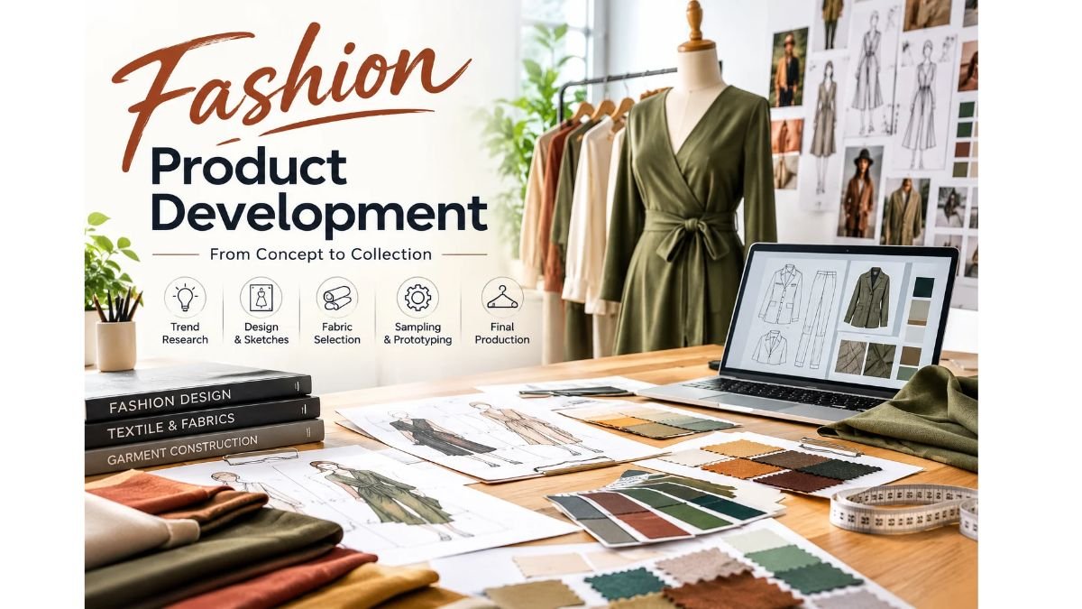 Fashion product development featuring garment sketches, fabric swatches, a mannequin, and clothing design samples in a fashion studio.