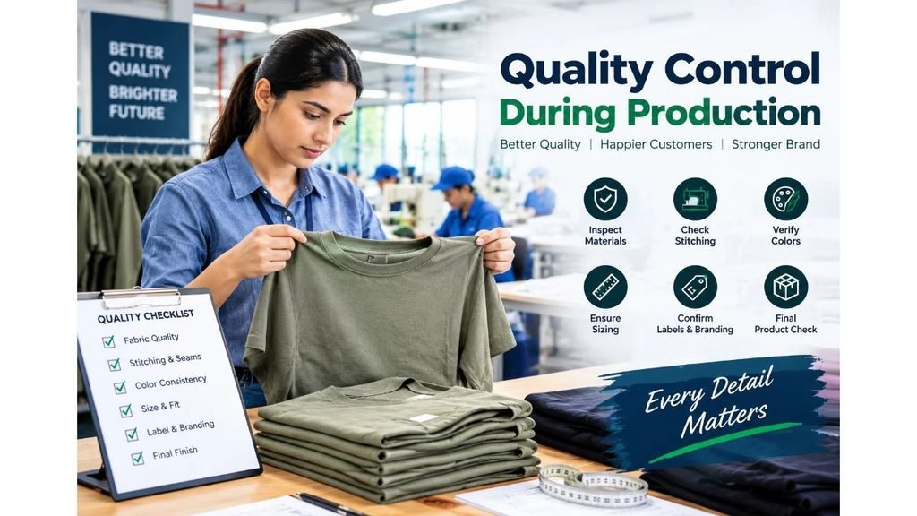 Quality control during clothing production, with a garment inspector checking T-shirt fabric, stitching, sizing, color consistency, labels, and branding in a modern garment factory.
