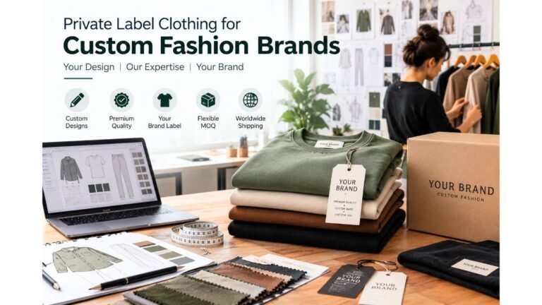 Private label clothing for custom fashion brands featuring custom garment designs, personalized labels, premium fabrics, and branded packaging.