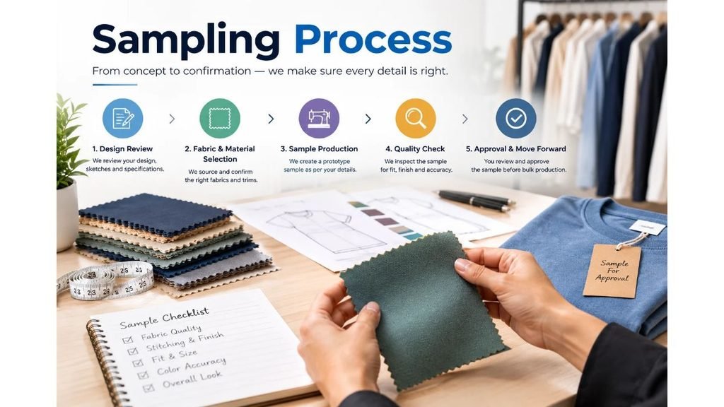Clothing sampling process infographic showing design review, fabric and material selection, sample production, quality inspection, and final approval, with fabric swatches, garment sketches, sewing tools, and a sample shirt in a professional fashion design studio.