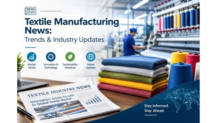 extile manufacturing industry with modern weaving machines, colorful yarn cones, folded fabrics, and textile industry news highlighting trends, innovation, sustainability, and global market updates.