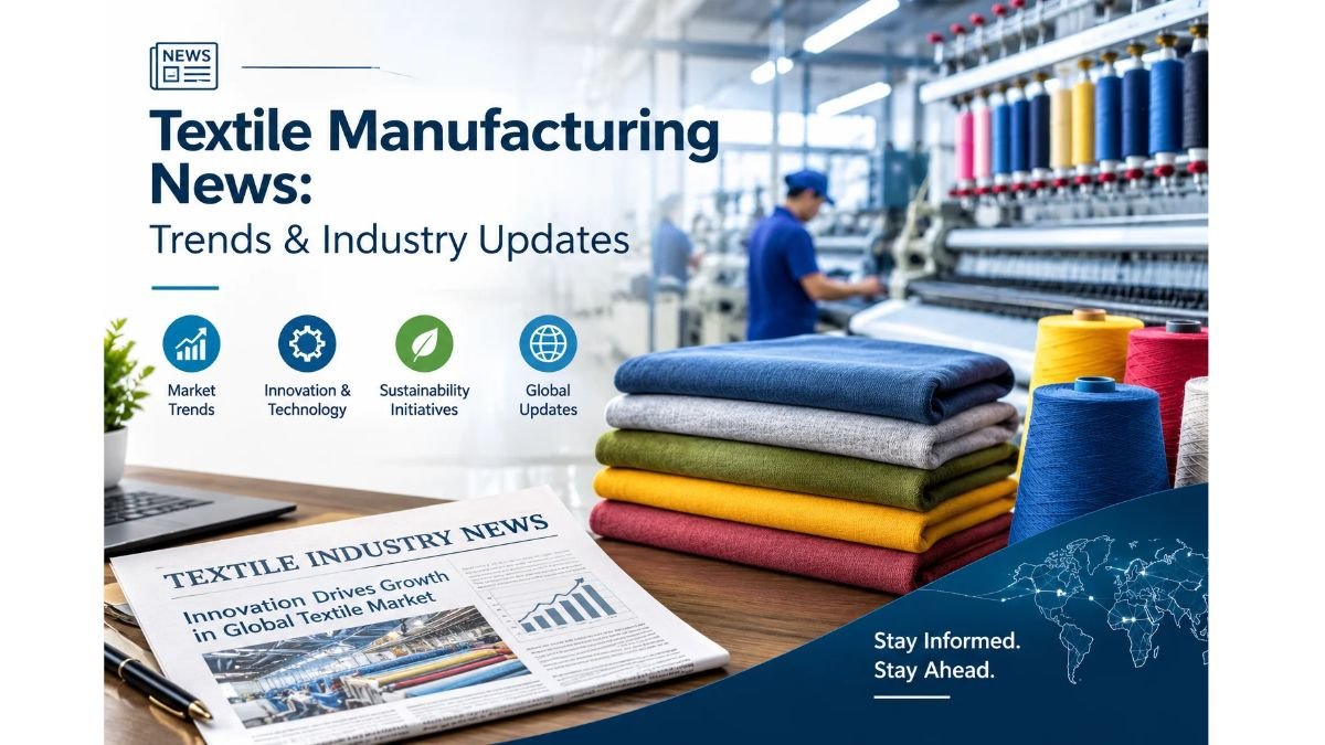 extile manufacturing industry with modern weaving machines, colorful yarn cones, folded fabrics, and textile industry news highlighting trends, innovation, sustainability, and global market updates.