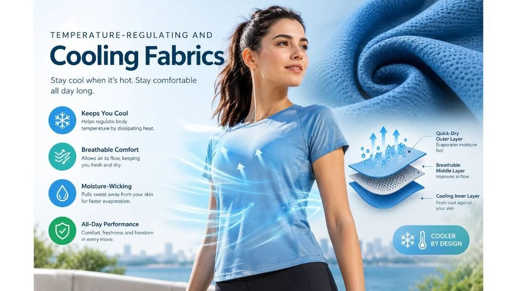 Temperature-regulating and cooling fabrics infographic featuring a woman wearing blue athletic clothing, highlighting breathable materials, moisture-wicking technology, quick-dry layers, and all-day cooling comfort.