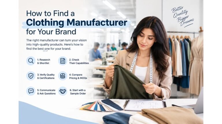 Fashion designer inspecting fabric in a clothing studio, illustrating how to find the right clothing manufacturer for your brand.