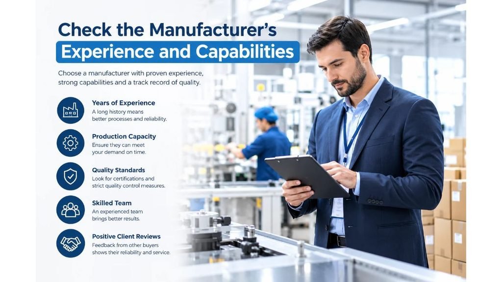 Professional infographic titled “Check the Manufacturer’s Experience and Capabilities,” featuring a factory engineer inspecting production operations, with icons highlighting industry experience, advanced production facilities, a skilled team, quality control, research and innovation, and reliable delivery capacity.