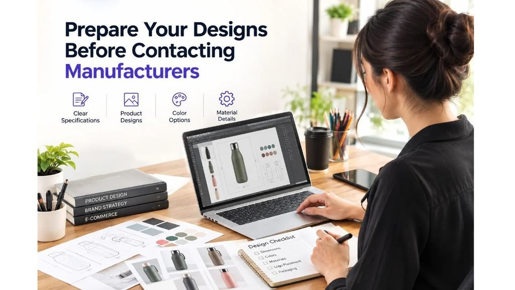 A designer prepares product designs on a laptop at a workspace, reviewing product specifications, color options, material details, and design sketches before contacting manufacturers.