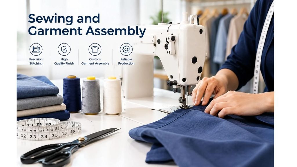 A woman wearing a black hijab sews navy-blue fabric using an industrial sewing machine in a professional garment assembly workshop, with sewing tools, fabric materials, and clothing racks in the background.