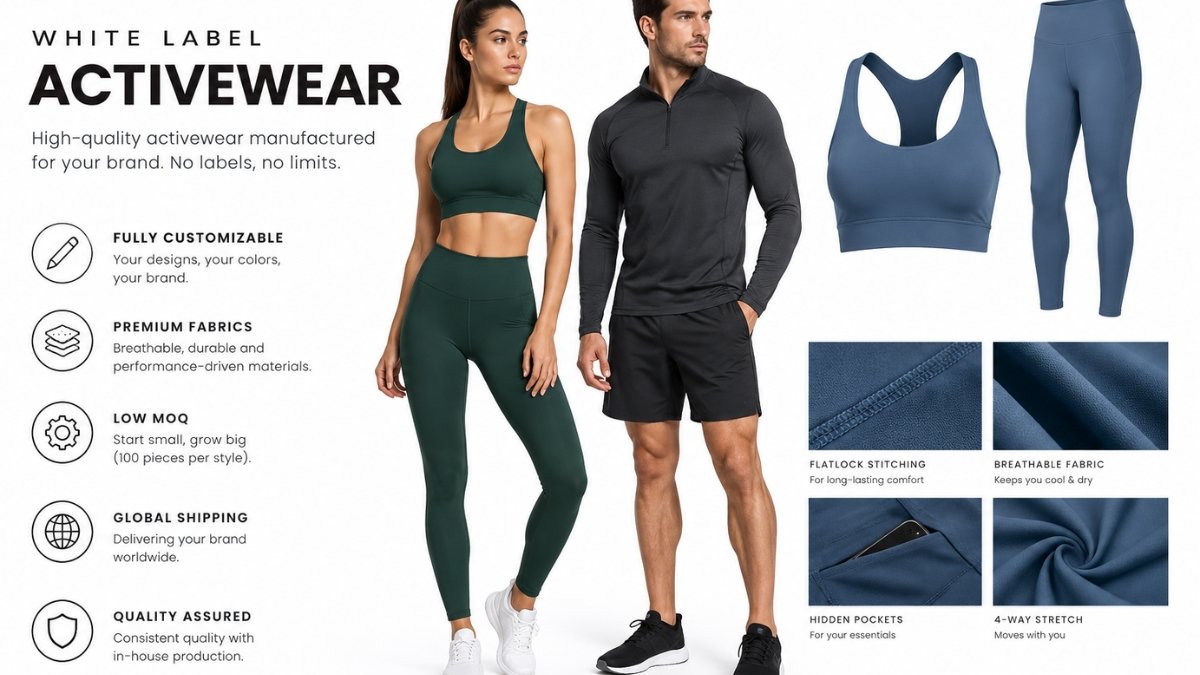 White label activewear manufacturing featuring custom sports bras, leggings, and men's athletic clothing.