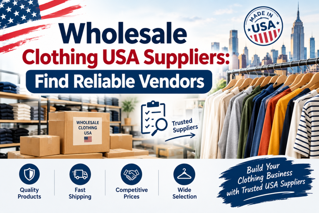 Wholesale clothing USA suppliers featuring clothing racks, bulk apparel, shipping boxes, and reliable wholesale vendors.