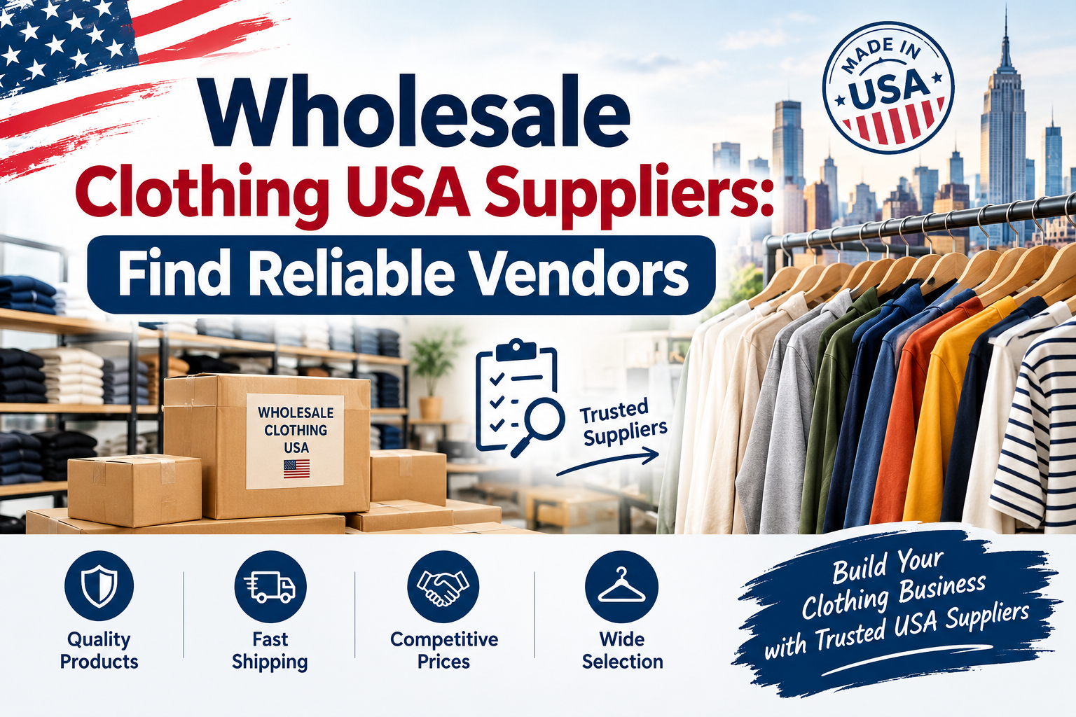 Wholesale clothing USA suppliers featuring clothing racks, bulk apparel, shipping boxes, and reliable wholesale vendors.