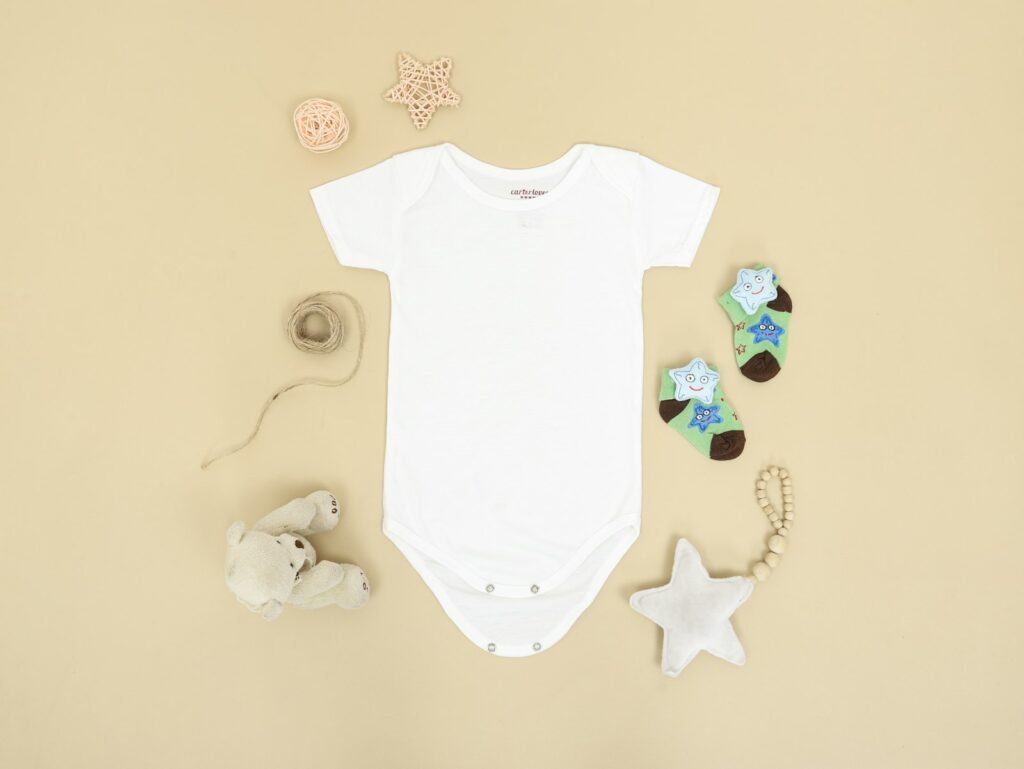 White and blue baby bodysuit for custom baby clothing development