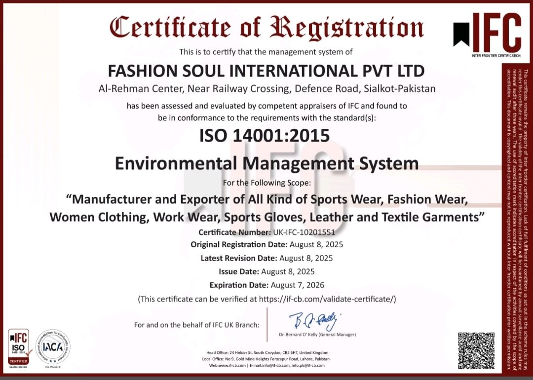 Environmental Management System Certificate of Registration for Fashion Soul International Pvt Ltd, ISO 14001:2015 Environmental Management System, issued by IFC, valid Aug 7, 2026.