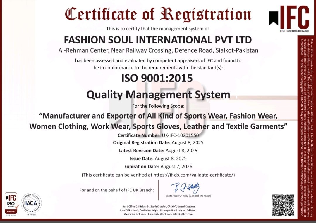 Quality Management System Certificate of Registration for Fashion Soul International Pvt Ltd, ISO 9001:2015 Quality Management System, issued August 7, 2026, with logos and signatures.