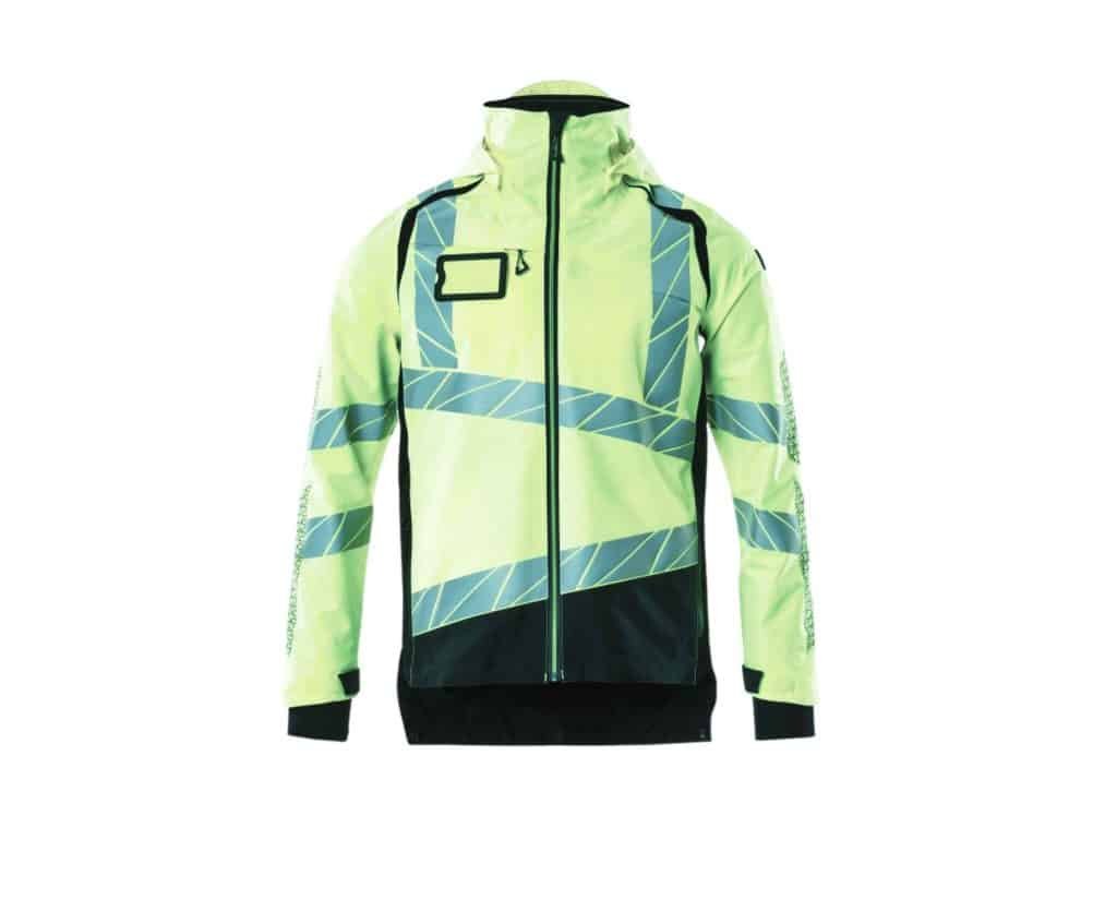 A bright neon yellow-green high-visibility safety jacket with reflective strips.