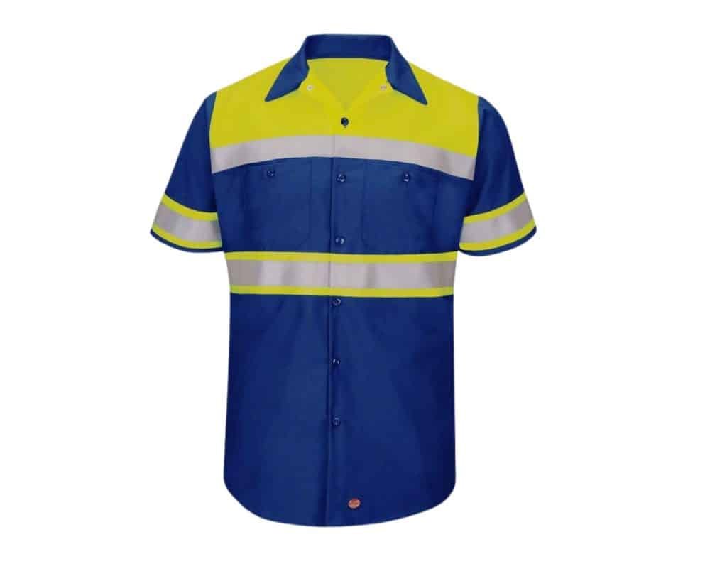 High visibility polo shirts in bright yellow with reflective stripes, manufactured by a professional workwear supplier for enhanced visibility.