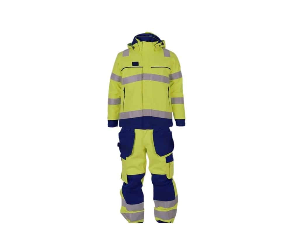 Complete high visibility workwear suit in yellow and navy blue with reflective bands. This industrial-grade outfit is produced by a certified workwear manufacturer, designed to ensure safety and durability for workers. work wears manufacturer