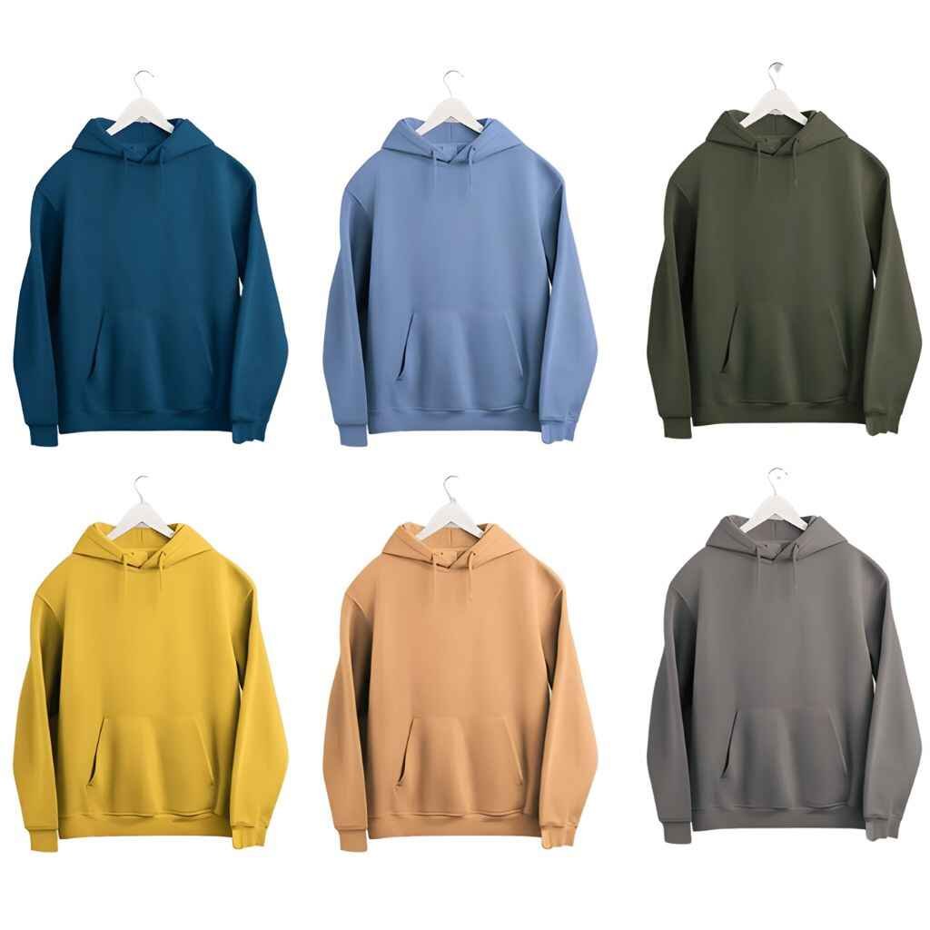 Six colorways of a classic pullover hoodie displayed in a grid: teal, light blue, olive green, mustard yellow, peach, and gray