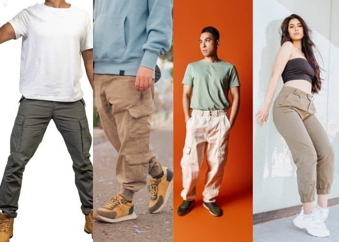 Cargo style jogger. Men showing the fit and style of cargo jogger. A woman also representing this cargo jogger in this image.