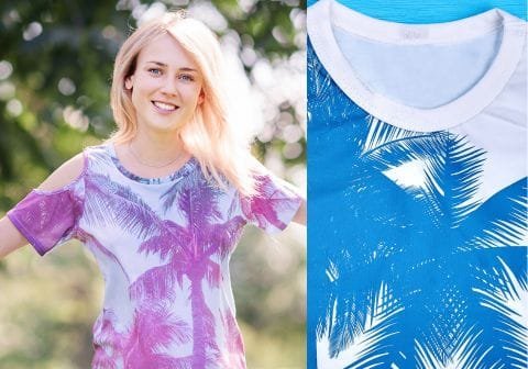 A women is wearing sublimated cloth. An inside t-shirt with sublimation cloth.