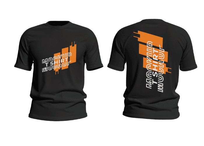Black t-shirt featuring an orange and white graphic design with text and abstract elements displayed from both front and back views.