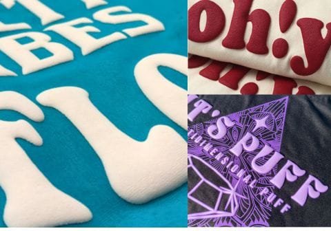 Puff printing for the apparels. 3 designs showing puff printing in the image. 3d style.