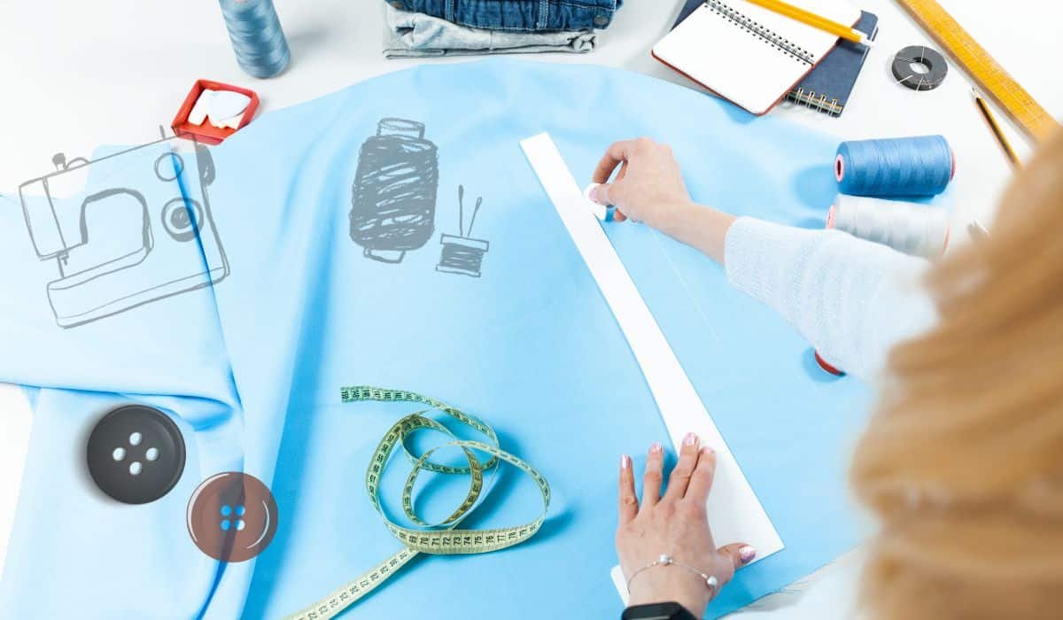 A fashion designer measuring and marking light blue fabric with sewing tools and accessories around.