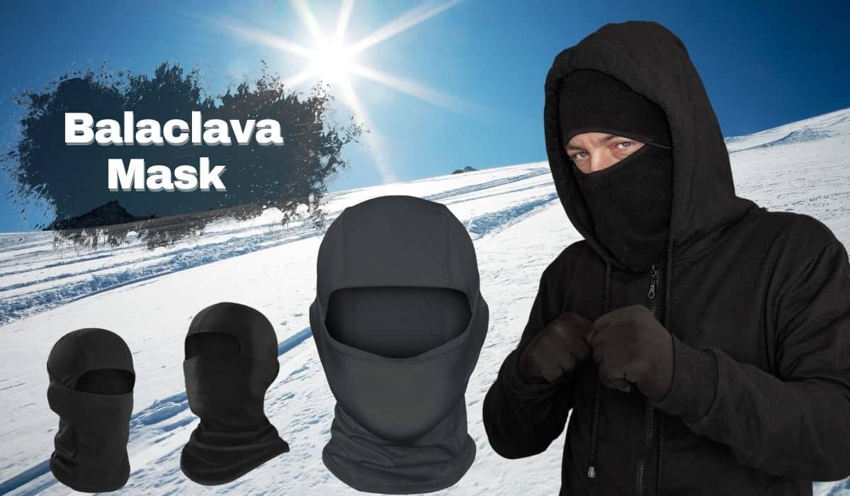 Balaclava Mask collection displayed against a snowy mountain background with a person wearing a black Balaclava Mask and hoodie.
