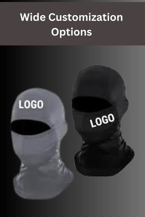 Wide customization options for Balaclava Mask, featuring black and gray masks with custom logo placement.