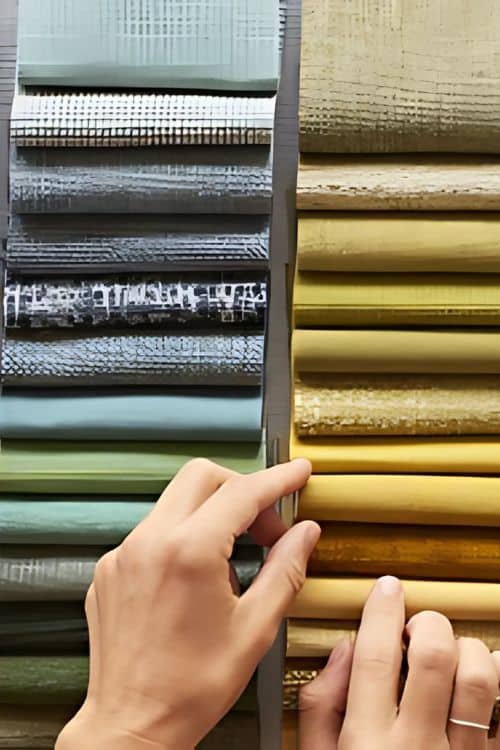 Hands selecting from an array of fabric swatches in shades of blue, gray, and gold, showcasing diverse textile options.